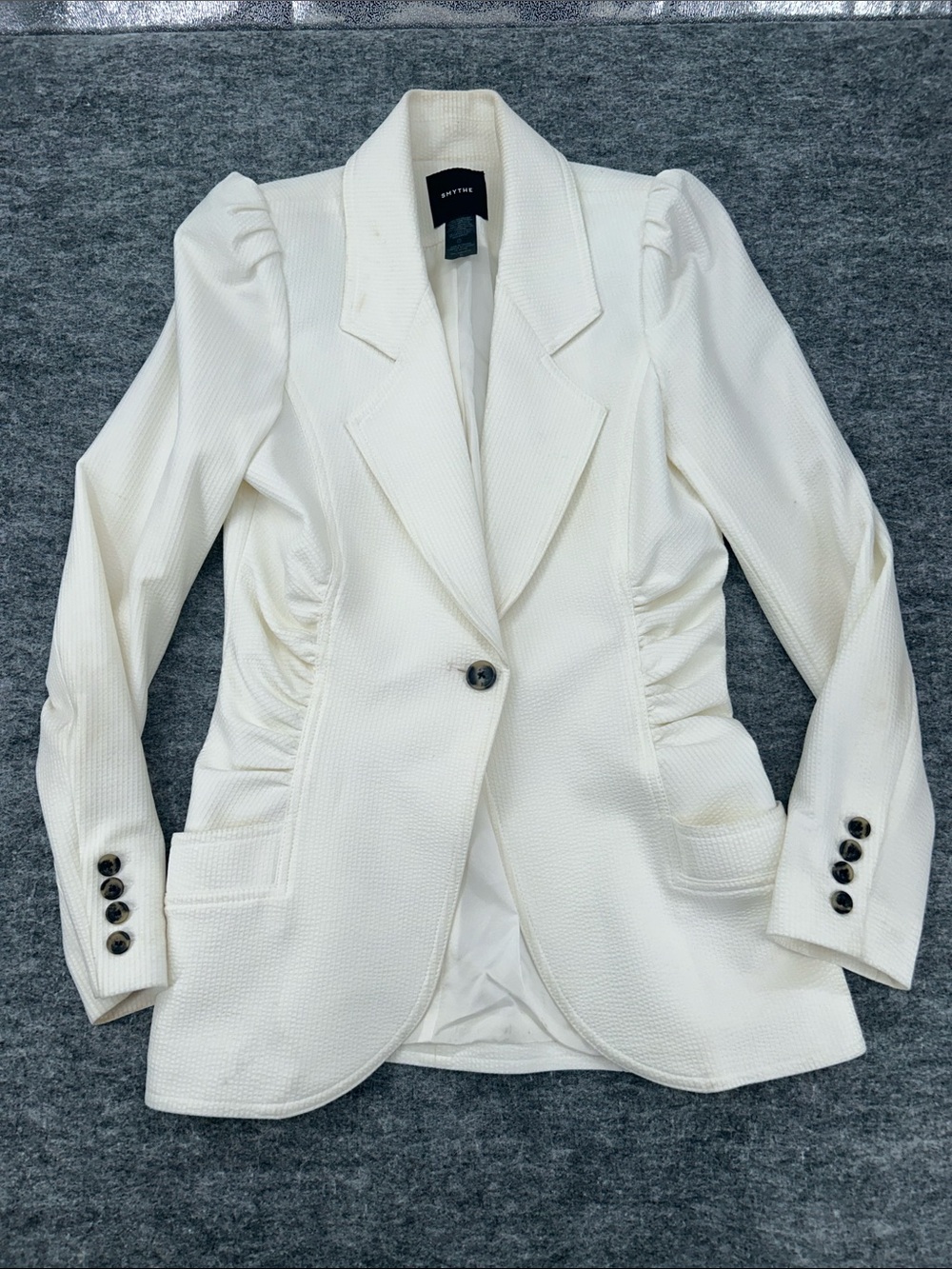 SMYTHE Ruched Blazer in White Seersucker Button Closure Size 6 - Picture 3 of 13